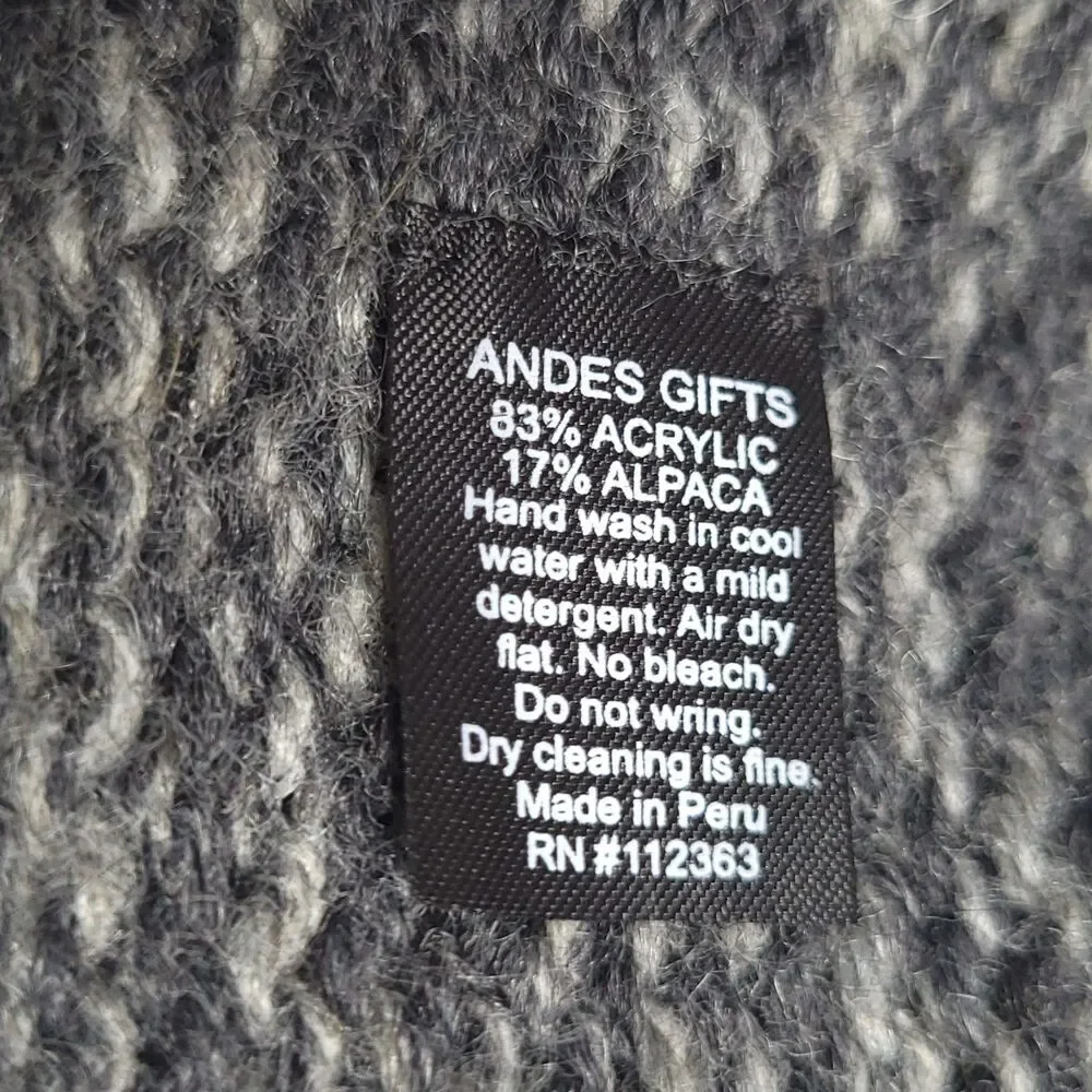 ANDES GIFTS Hand Knit Beanie Girls OS Gray Pink 17% Alpaca Artisan Pompoms
